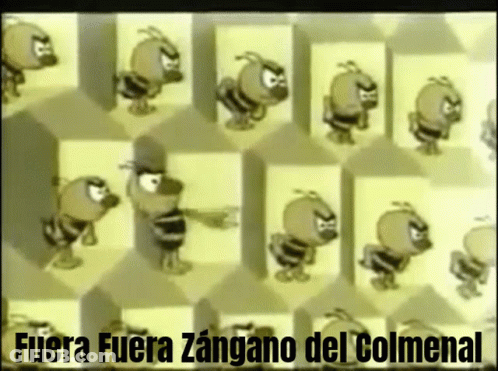 A Bunch Of Cartoon Bees Are Standing In A Row With The Words Fuera Fuera Zangano Del Colmenal On The Bottom GIF