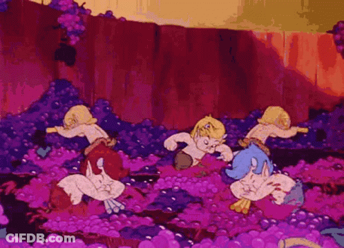 A Bunch Of Cartoon Characters Are Dancing In A Pile Of Grapes GIF