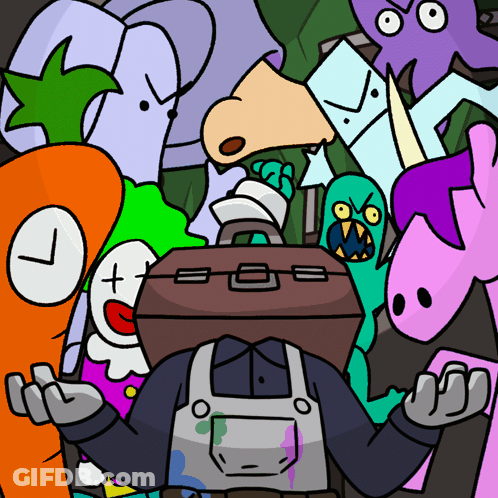 A Bunch Of Cartoon Characters Including A Carrot And A Clock GIF