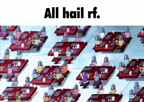 A Bunch Of Cartoon Characters Sitting At Tables With The Words All Hail Rf GIF