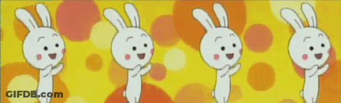 A Bunch Of Cartoon Rabbits Are Standing In A Row On A Yellow Background GIF