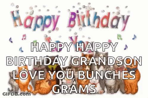 A Bunch Of Cats Are Sitting Next To Each Other On A Birthday Card . GIF