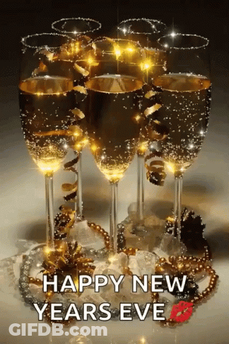 A Bunch Of Champagne Glasses With The Words Happy New Years Eve On Them GIF