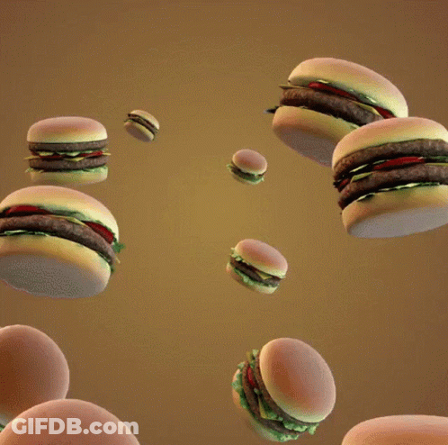 A Bunch Of Cheeseburgers Are Floating In The Air With The Words We Have This Video Of Flying Cheeseburgers Below Them GIF