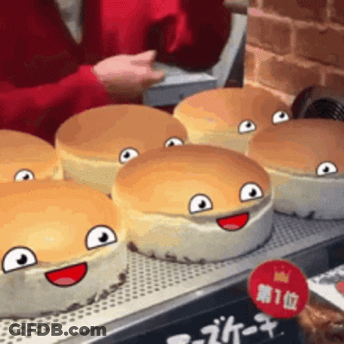 A Bunch Of Cheesecakes With Faces On Them GIF