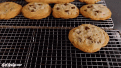 A Bunch Of Chocolate Chip Cookies On A Wire Rack GIF