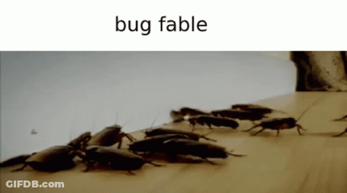 A Bunch Of Cockroaches Are Crawling On A Wooden Surface With The Words Bug Fable Below Them GIF