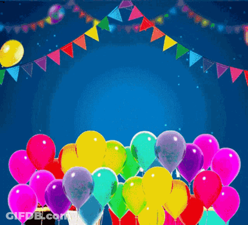 A Bunch Of Colorful Balloons Are Flying In The Air GIF
