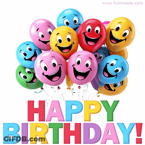 A Bunch Of Colorful Balloons With Smiley Faces On Them And The Words Happy Birthday GIF