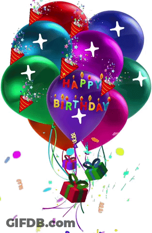 A Bunch Of Colorful Balloons With The Words Happy Birthday On Them GIF