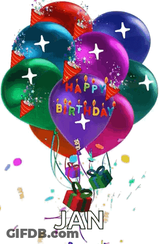 A Bunch Of Colorful Balloons With The Words Happy Birthday Written On Them GIF