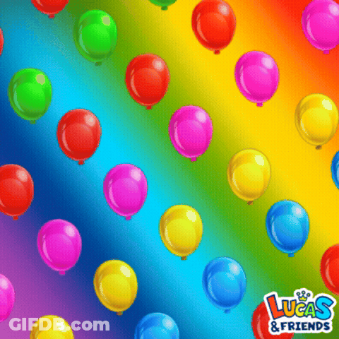 A Bunch Of Colorful Balloons With The Words Lucas & Friends On The Bottom GIF