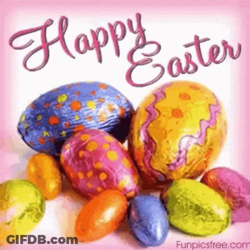 A Bunch Of Colorful Easter Eggs With The Words Happy Easter Written On It GIF