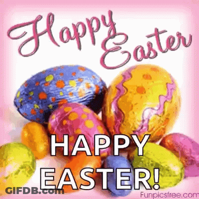 A Bunch Of Colorful Easter Eggs With The Words `` Happy Easter '' Written On It . GIF