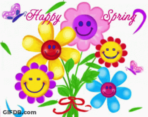 A Bunch Of Colorful Flowers With Smiley Faces And The Words Happy Spring Below Them GIF