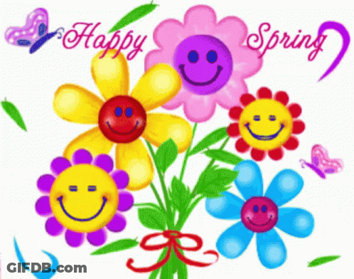 A Bunch Of Colorful Flowers With Smiley Faces On Them And The Words Happy Spring GIF