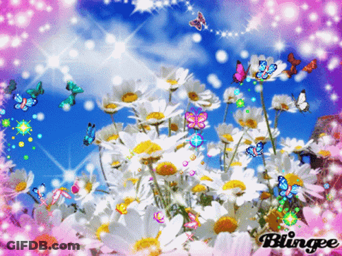 A Bunch Of Daisies Are Surrounded By Butterflies And The Words Blingee On The Bottom GIF
