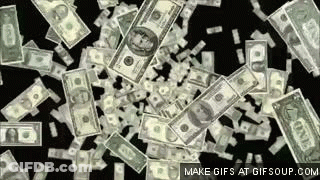 A Bunch Of Dollar Bills Are Falling From The Sky On A Black Background . GIF