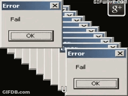 A Bunch Of Error Boxes Are Stacked On Top Of Each Other With A Google Logo In The Corner GIF