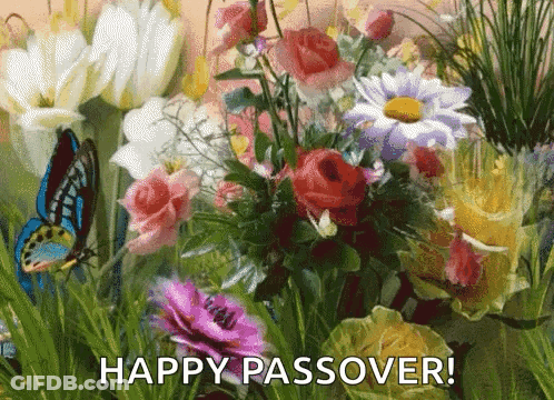 A Bunch Of Flowers And Butterflies With The Words Happy Passover GIF