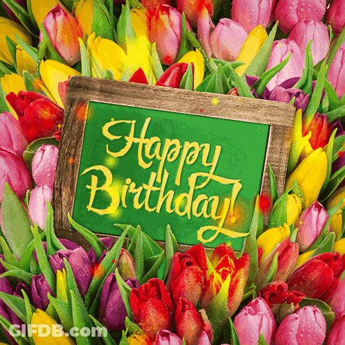 A Bunch Of Flowers With A Green Sign That Says " Happy Birthday " GIF
