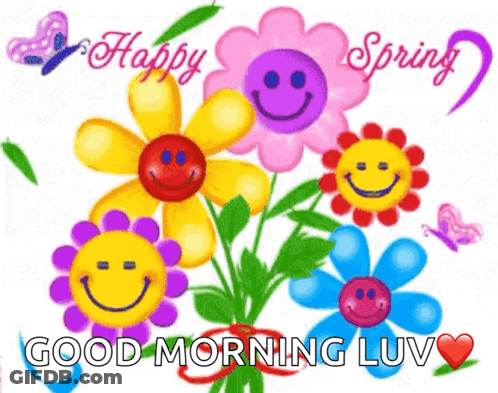A Bunch Of Flowers With Smiley Faces And The Words Happy Spring GIF