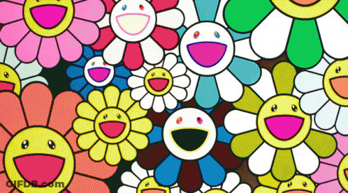 A Bunch Of Flowers With Smiley Faces In Them GIF