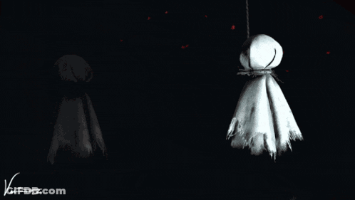 A Bunch Of Ghosts Are Hanging From The Ceiling With A Red Background GIF