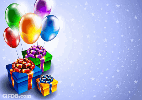 A Bunch Of Gifts And Balloons On A Purple Background GIF