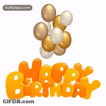 A Bunch Of Gold And White Balloons Are Hanging From A Happy Birthday Sign GIF
