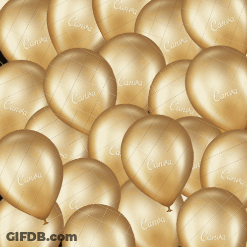 A Bunch Of Gold Balloons With The Word Canva Written On Them GIF