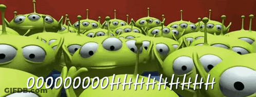 A Bunch Of Green Aliens Are Standing Next To Each Other With A Red Background GIF