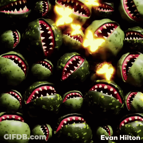 A Bunch Of Green Balls With Red Teeth And The Name Evan Hilton On The Bottom Right GIF