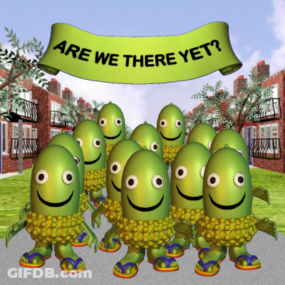 A Bunch Of Green Cartoon Characters Are Standing Under A Banner That Says Are We There Yet GIF