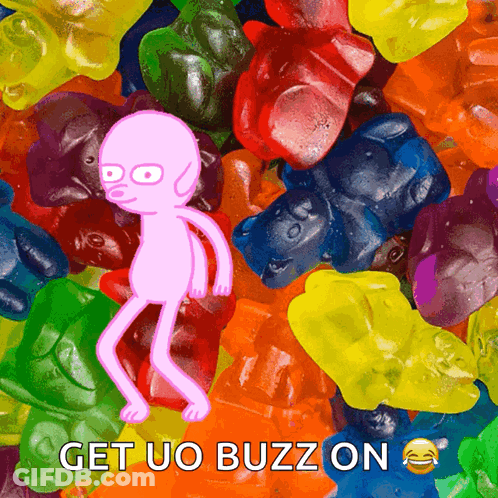 A Bunch Of Gummy Bears With The Words Get Uo Buzz On In The Corner GIF