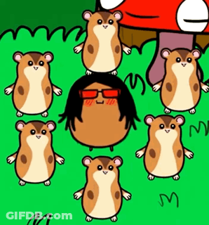 A Bunch Of Hamsters Are Standing Around A Mushroom GIF