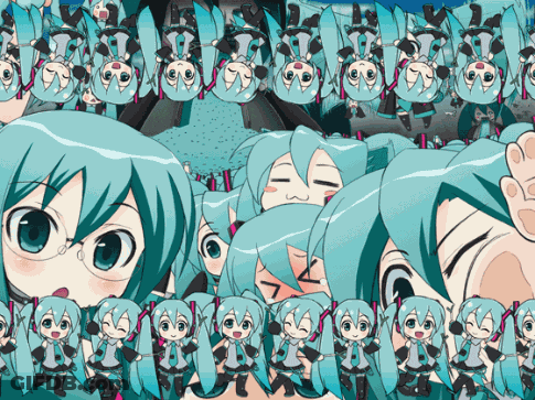 A Bunch Of Hatsune Miku 'S Are Lined Up In A Row GIF