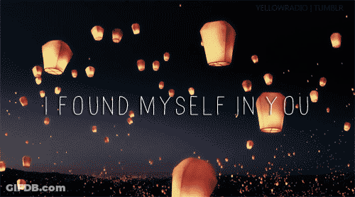 A Bunch Of Lanterns Are Floating In The Air With The Words I Found Myself In You GIF
