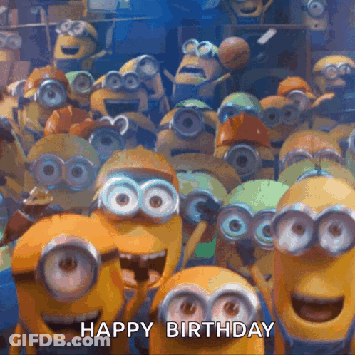 A Bunch Of Minions Are Gathered Together With The Words Happy Birthday Below Them GIF