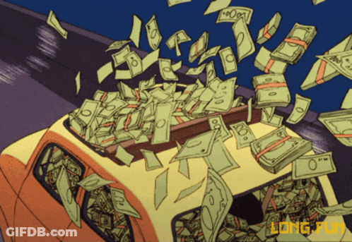 A Bunch Of Money Is Falling From The Roof Of A Car And The Word Long Fun Is On The Bottom GIF