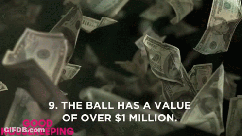 A Bunch Of Money Is Falling From The Sky With The Words " The Ball Has A Value Of Over $1 Million " GIF