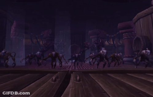 A Bunch Of Monsters Are Standing On A Wooden Floor GIF