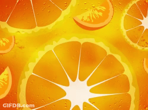 A Bunch Of Orange Slices On A Yellow Background With Water Drops GIF