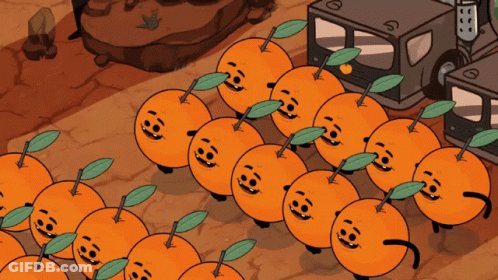 A Bunch Of Oranges With Faces On Them Are Lined Up GIF