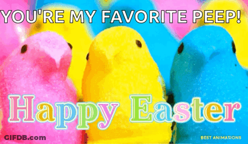 A Bunch Of Peeps Are Sitting Next To Each Other On A Pink And Yellow Background . GIF