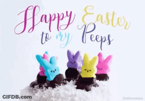 A Bunch Of Peeps Sitting On Top Of A Cake With The Words `` Happy Easter To My Peeps '' Written On It . GIF