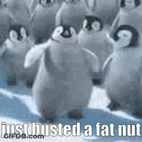 A Bunch Of Penguins Are Standing In A Line And The Caption Says Just Busted A Fat Nut GIF