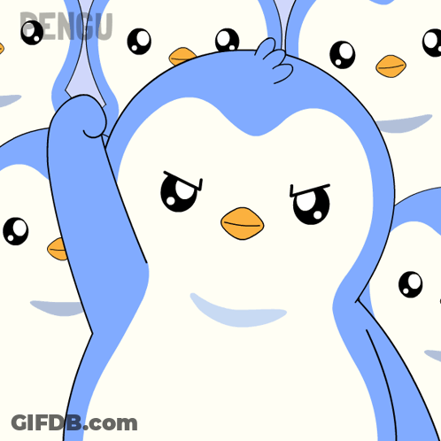 A Bunch Of Penguins Are Standing In A Row With The Word Bengu On The Bottom GIF