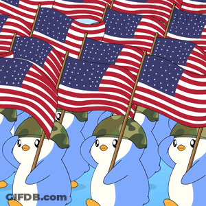 A Bunch Of Penguins Holding American Flags And Wearing Military Hats GIF