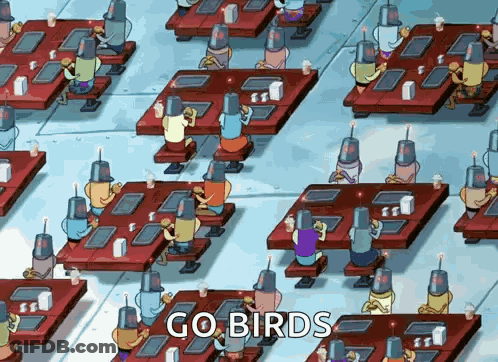 A Bunch Of People Sitting At Tables With The Words Go Birds Written On The Bottom GIF